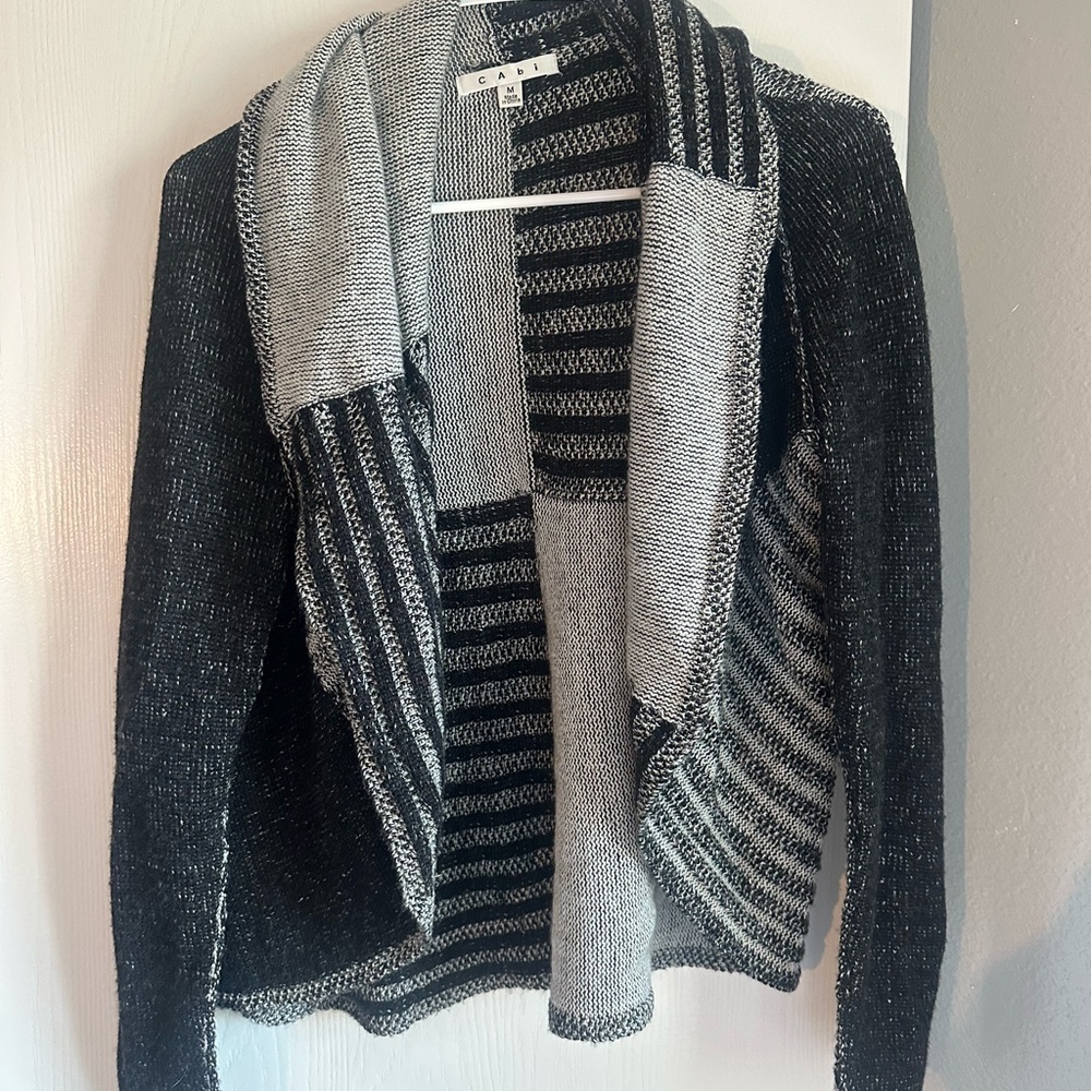 CAbi Gray and Black Cardigan Sweater with Color-Blocked Design